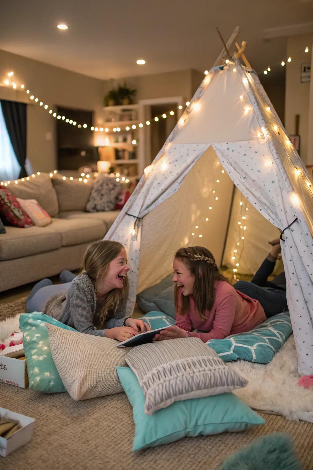 A cozy indoor camping adventure.