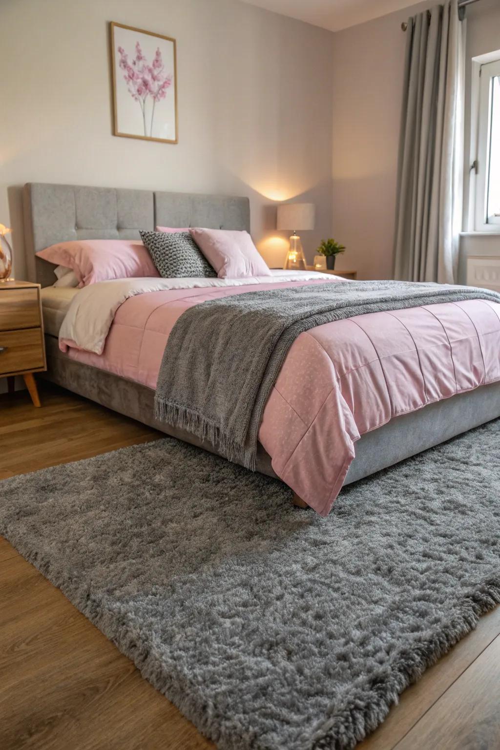 A grey rug provides a soft foundation for a pink and grey bedroom.