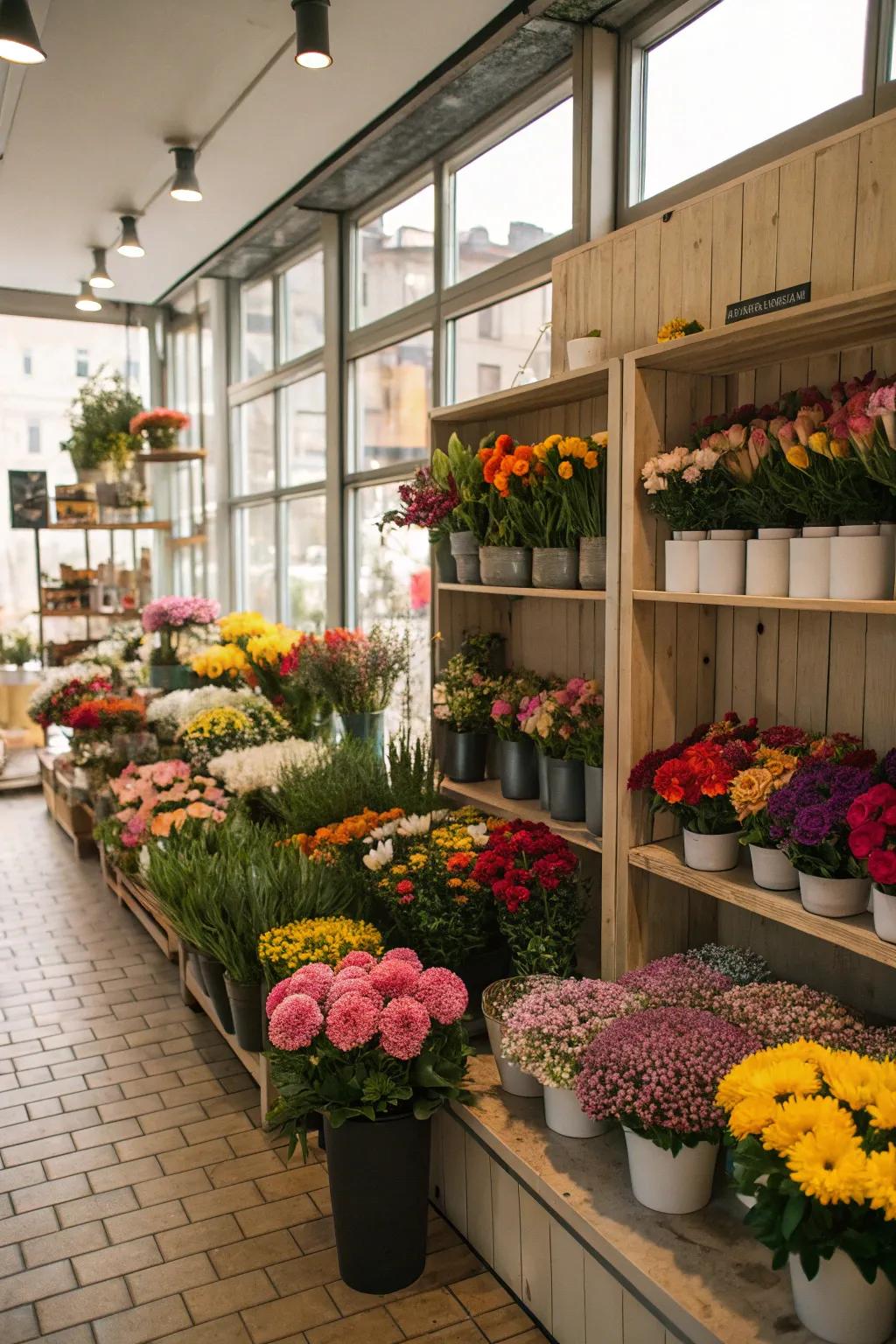 Open shelving displaying floral arrangements