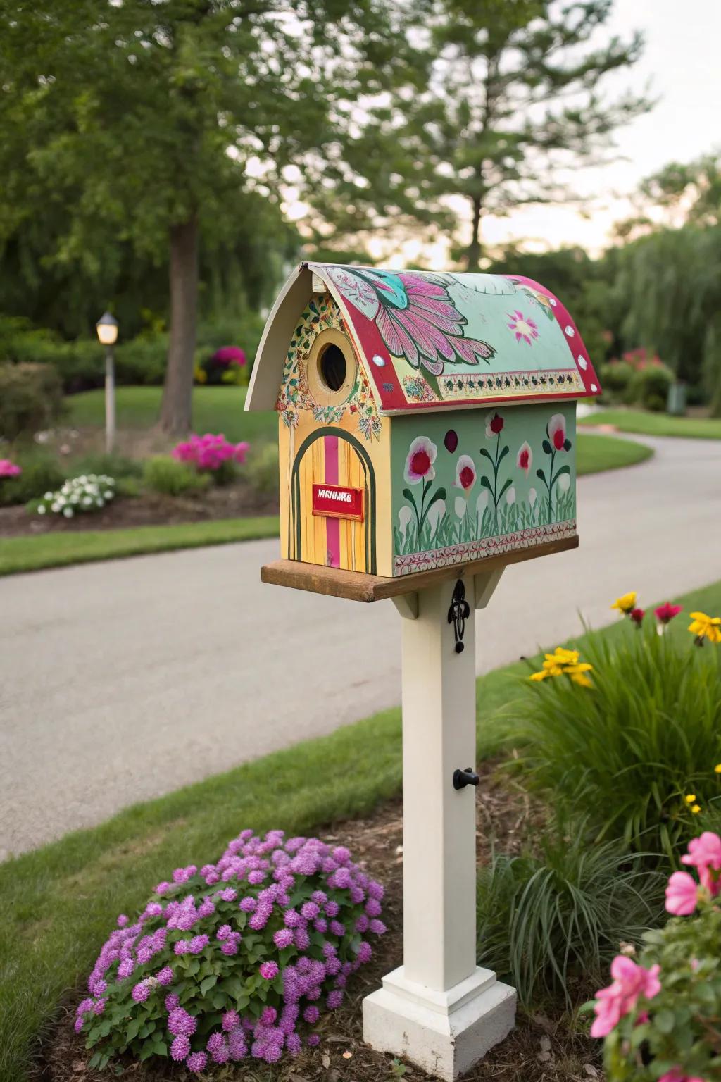 A whimsical birdhouse-shaped mailbox in vibrant colors.