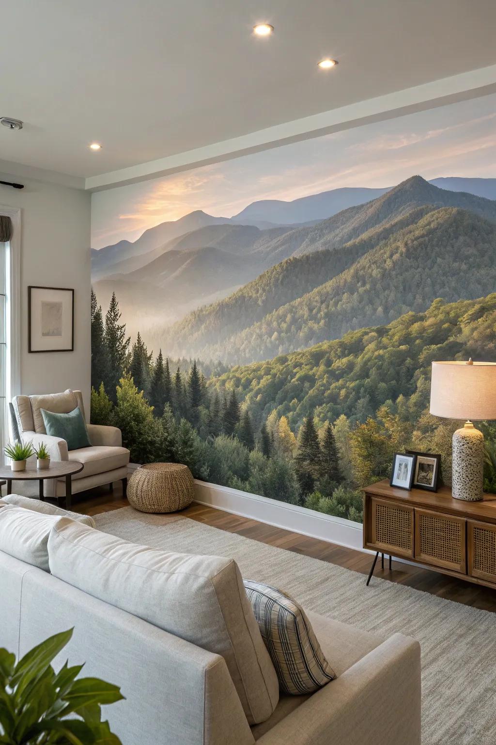 A living room with a stunning landscape mural creating an expansive view.