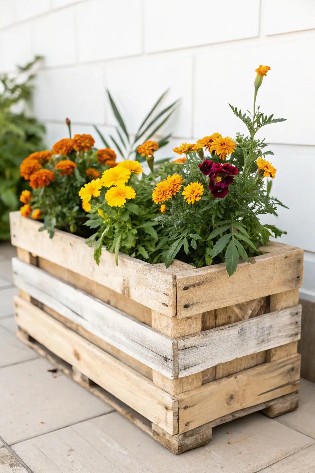 Transform your outdoor space with a rustic charm using DIY pallet wood planters filled with vibrant summer blooms. Embrace simplicity and natural beauty!