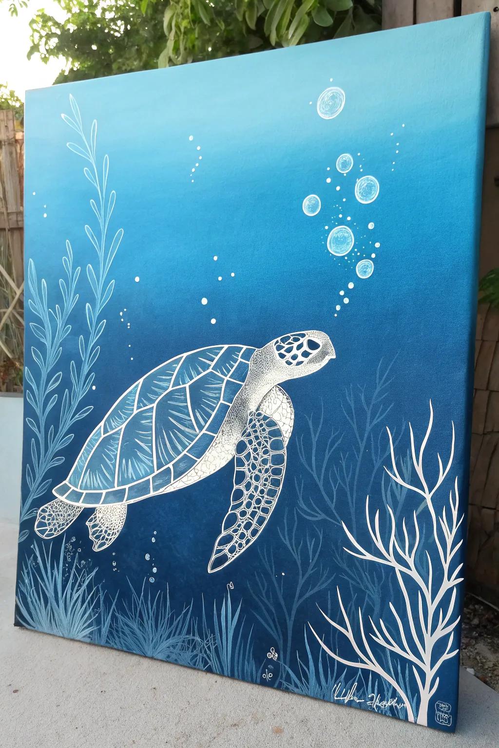 Embrace tranquility with a touch of boho elegance: a serene sea turtle in minimalist hues.