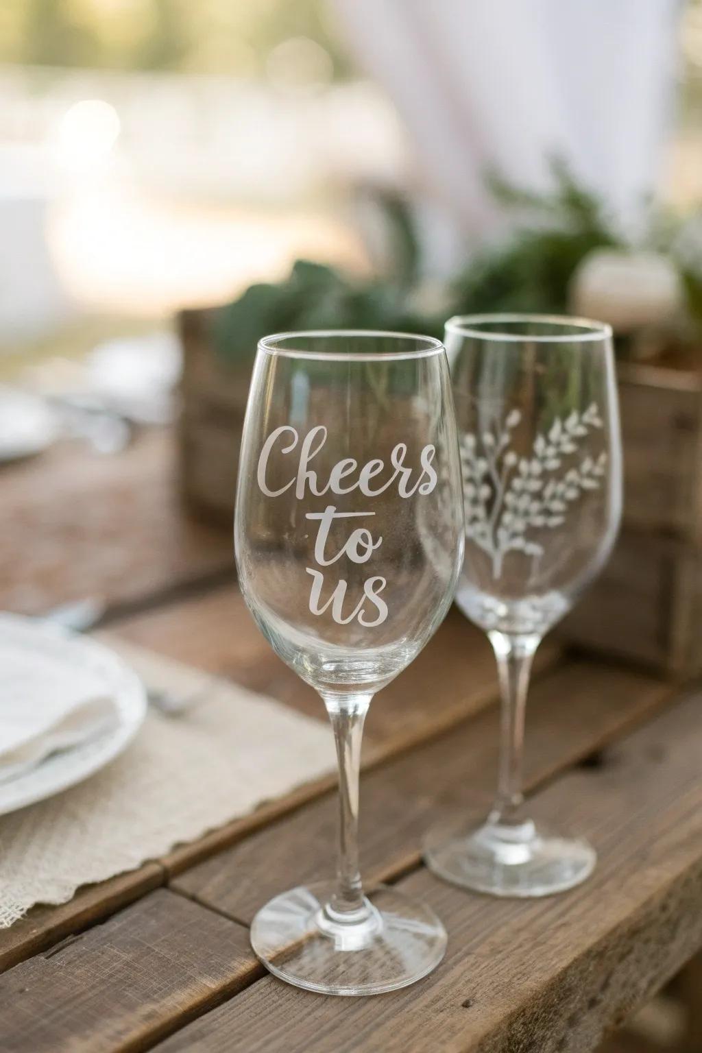 Celebrate your love with every sip. 🍷 'Cheers to Us' engraved wine glasses capture the essence of your special moments.