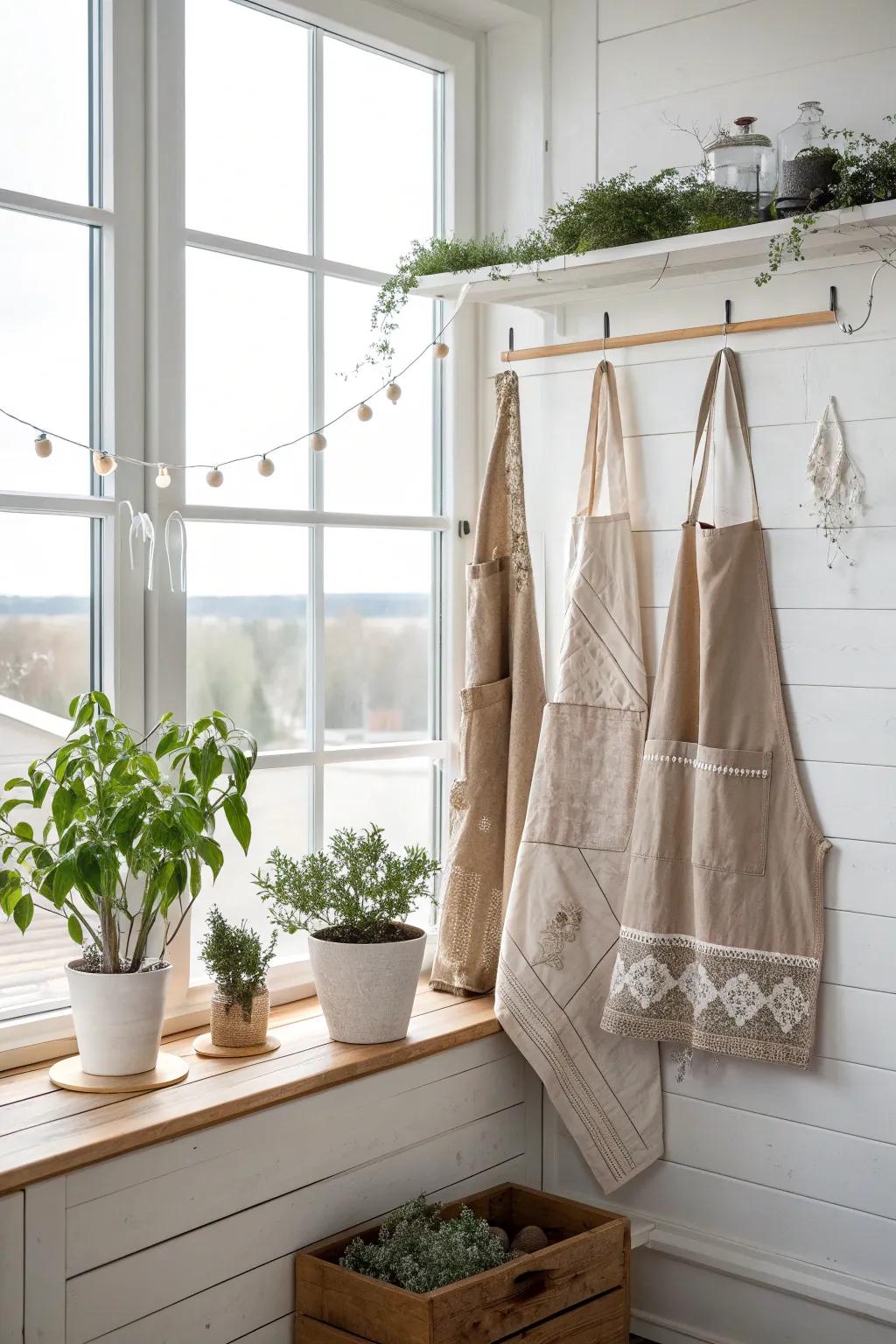 Transform your kitchen window with a whimsical apron garland for a playful yet elegant touch.