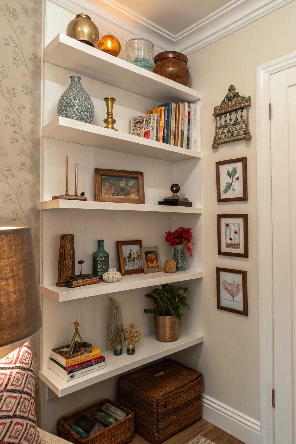 Corner shelves offer a clever solution for displaying art.