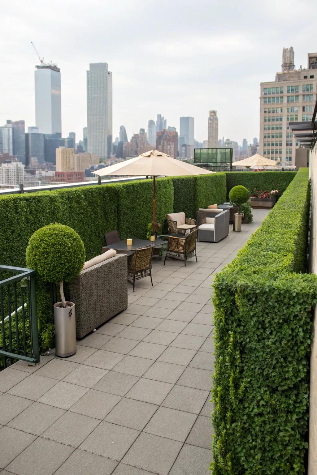 Create an exclusive rooftop retreat with artificial hedge walls.