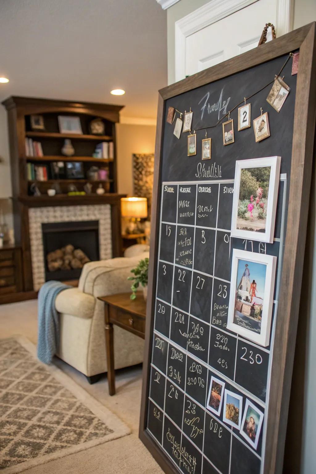 A personalized chalkboard calendar that showcases family memories.