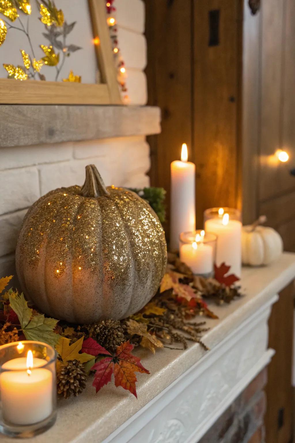 A glittery pumpkin adding a touch of glamour to a cozy autumn setting.