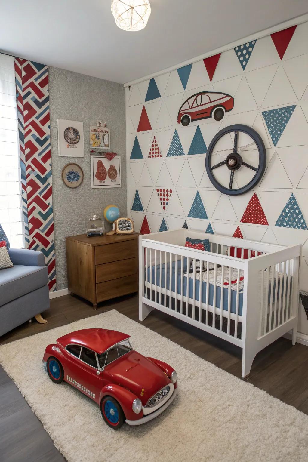 A classic car-themed nursery with vintage charm and colorful accents.