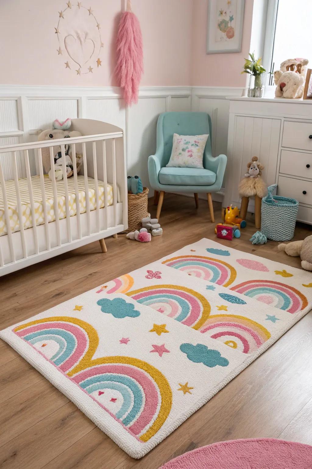 A bright rug adds charm and delineates space in a small nursery.