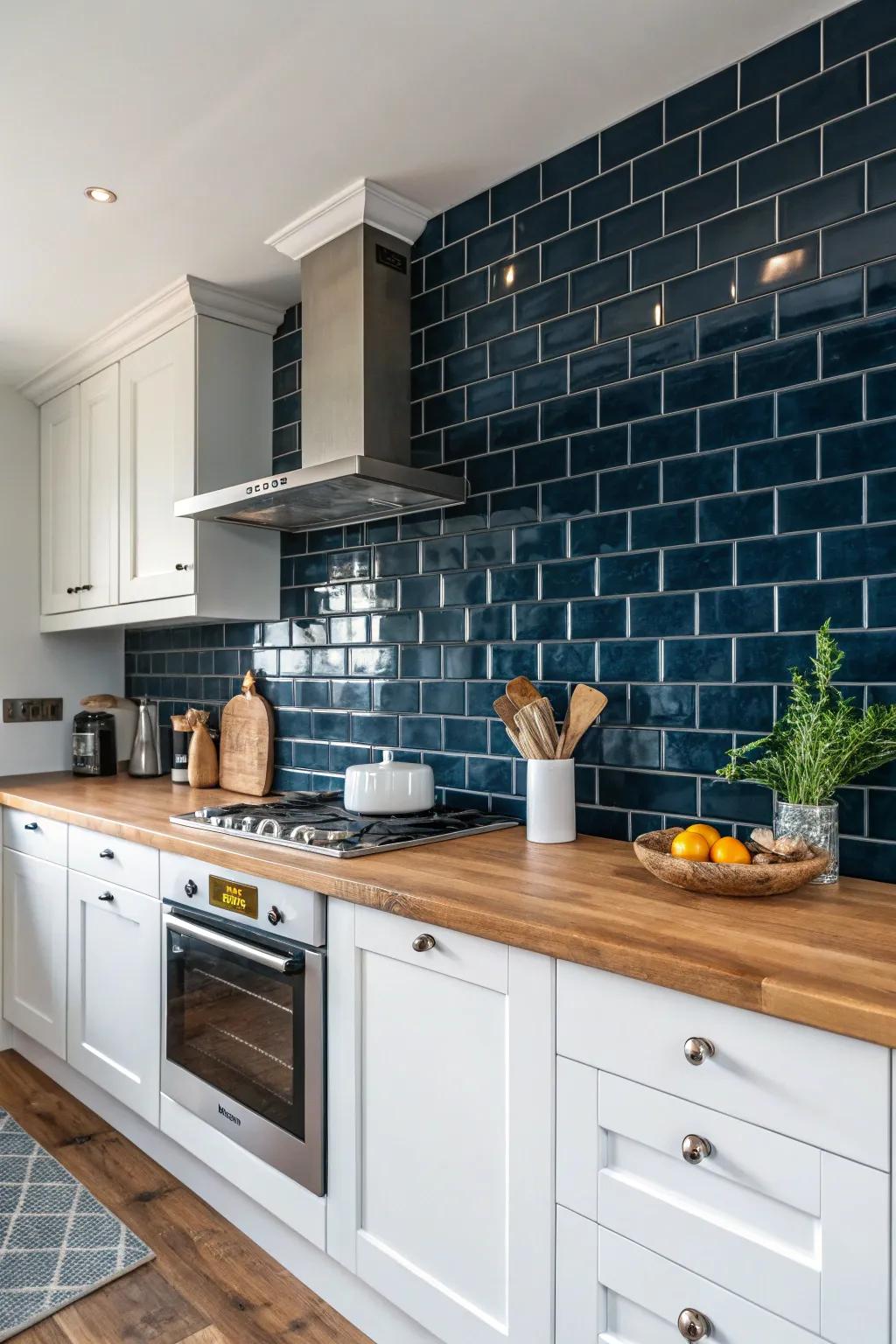 Dark blue subway tiles offer a bold and serene kitchen statement.