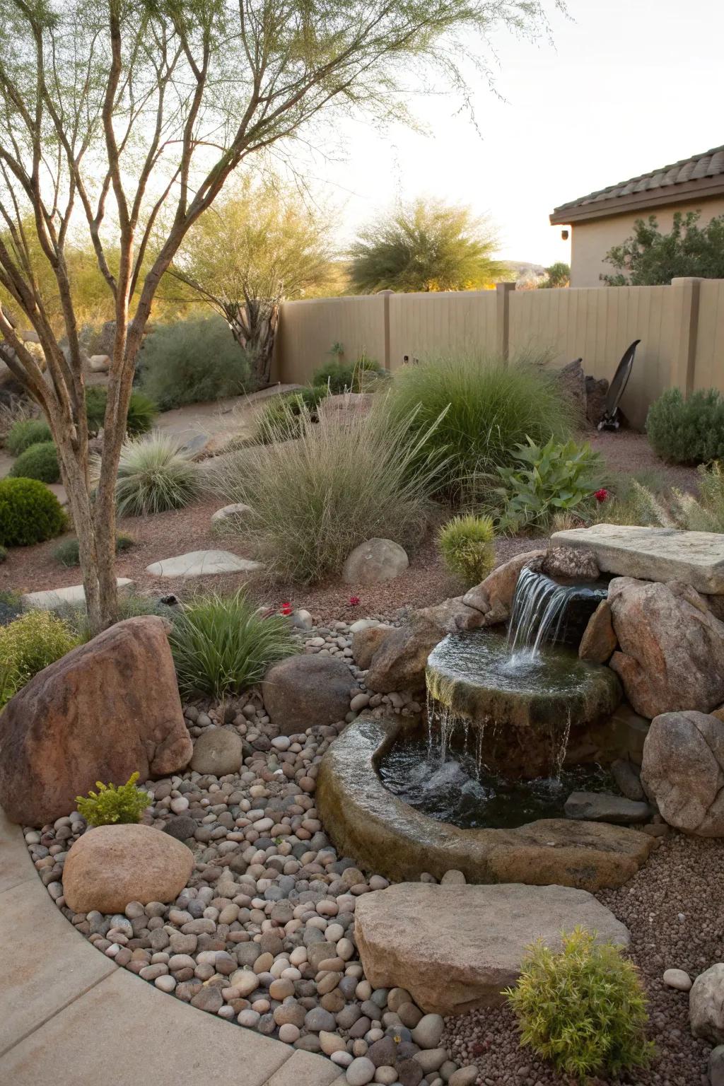 A water feature adds tranquility and attracts wildlife to a desert backyard.