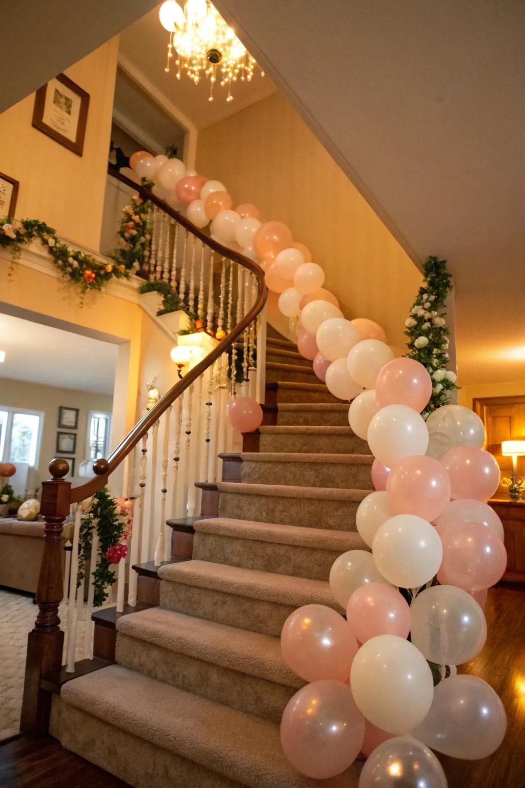 A stunning balloon garland adds flair to the staircase.