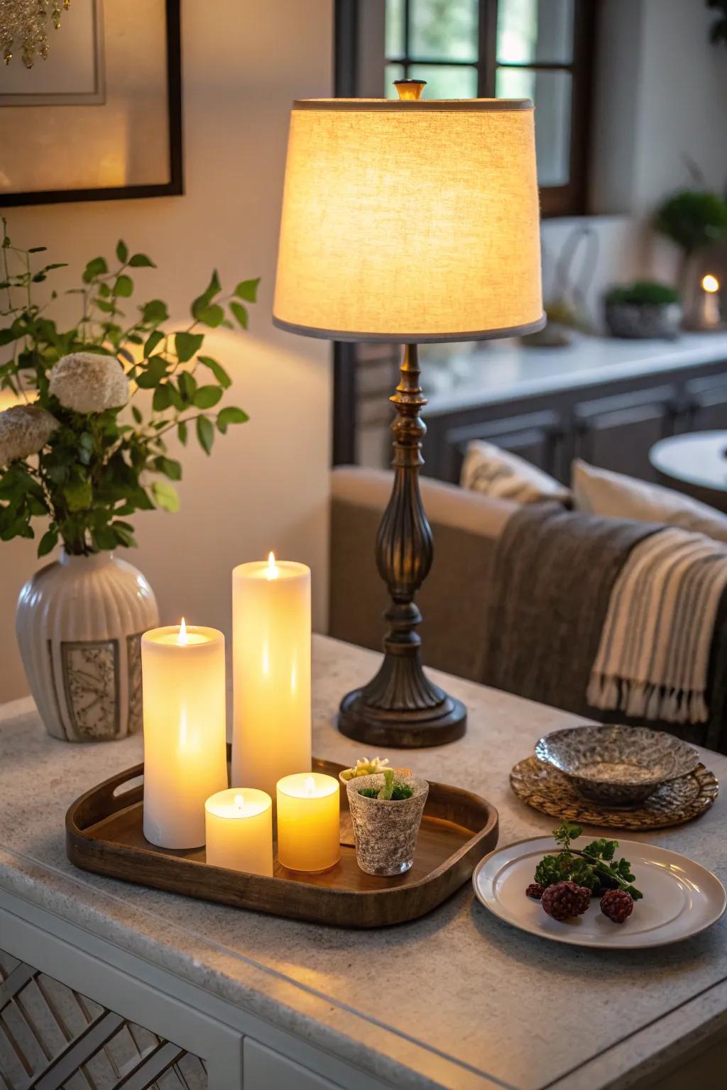 Lighting sets the mood for this welcoming bar table.