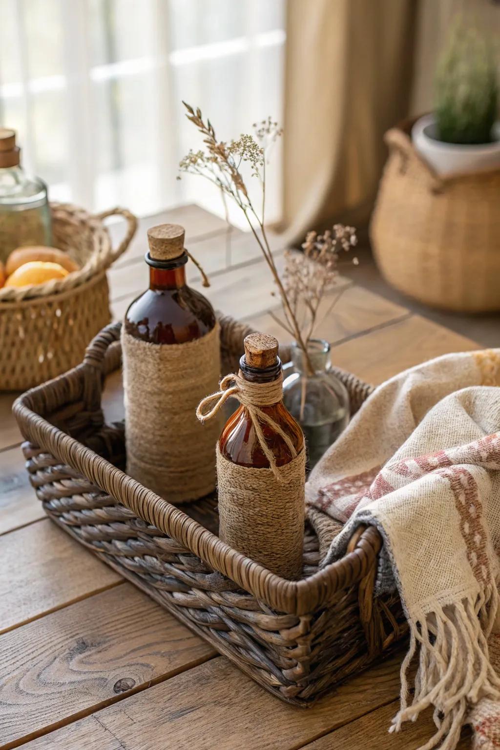 Achieve a rustic retreat with a wicker tray and earthy elements.