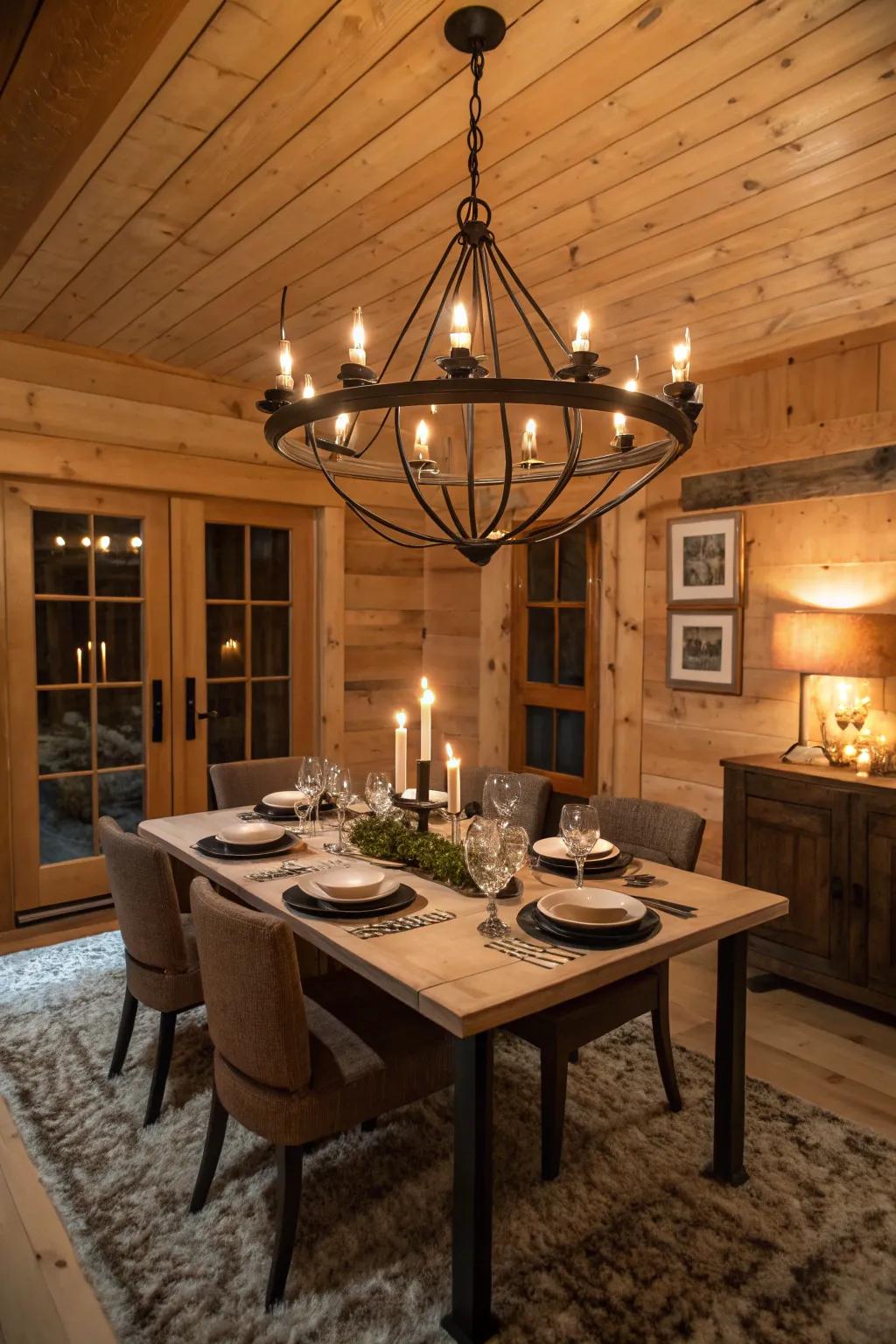 Barn-style chandeliers add dramatic flair to dining rooms.