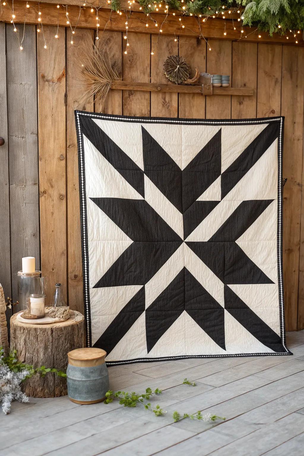 Elevate your space with the timeless elegance of bold black and white barn quilt designs.