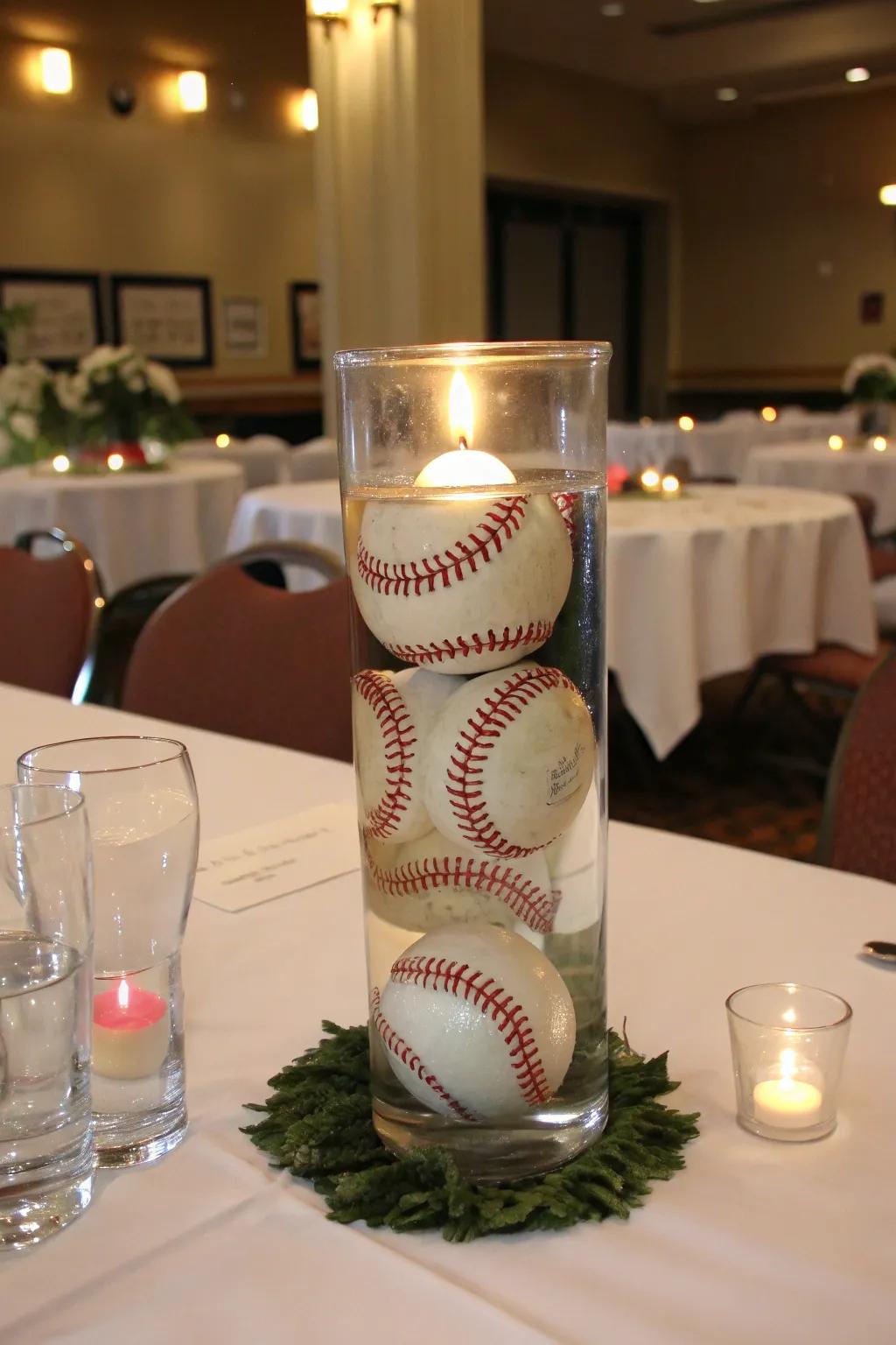 A romantic centerpiece that combines the elegance of candlelight with sports flair.