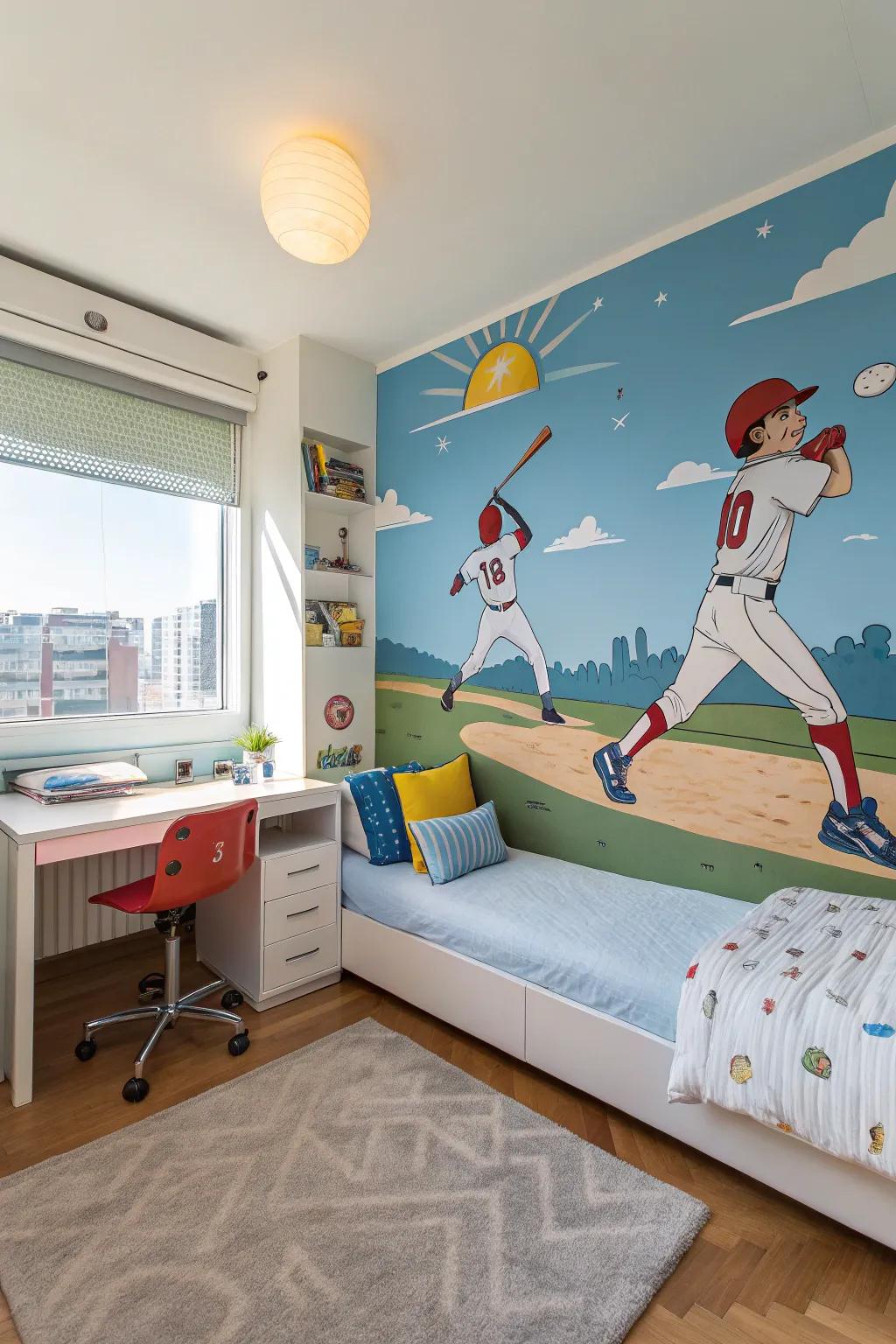 Relive youthful baseball memories with a charming mural.