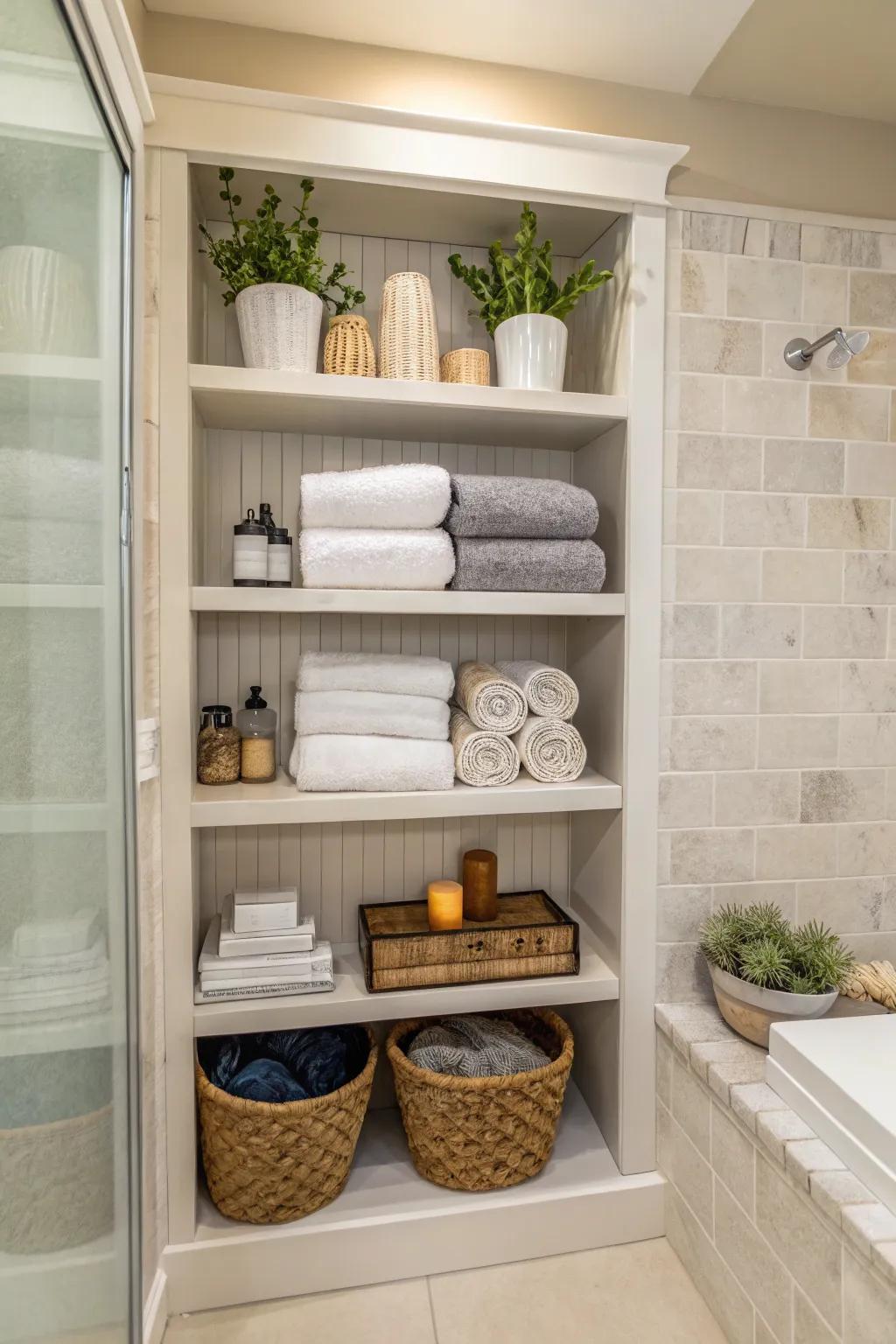 Maximize storage and style with built-in shelves in your bathroom alcove.