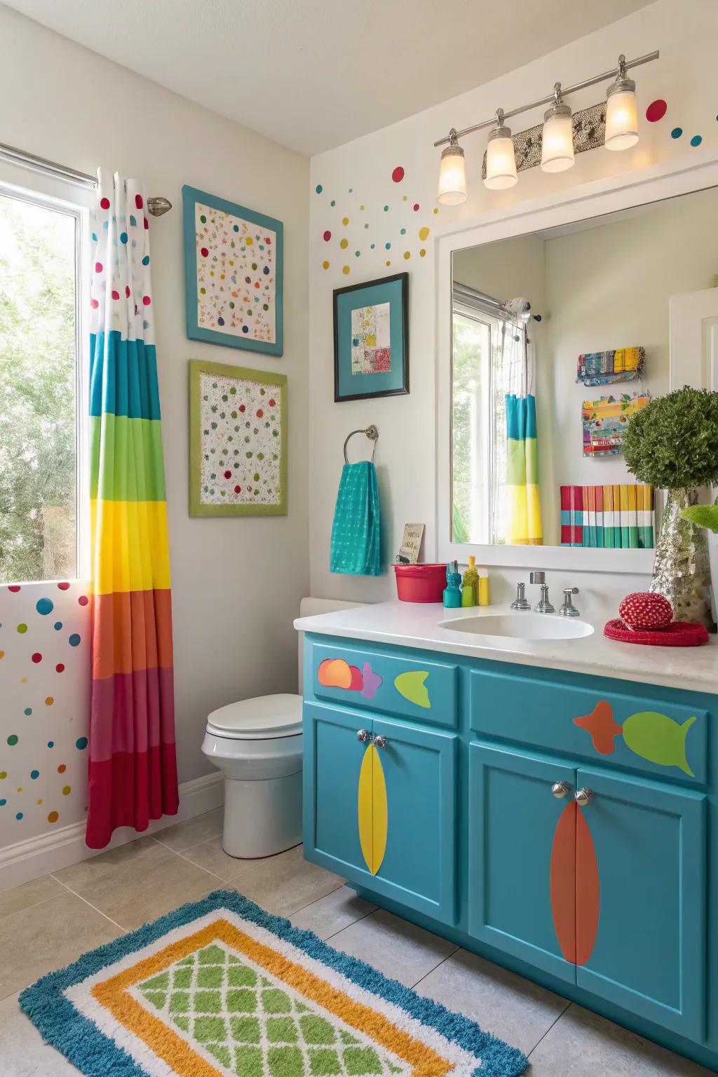 A pop of color through accessories, adding vibrancy and character to the bathroom.