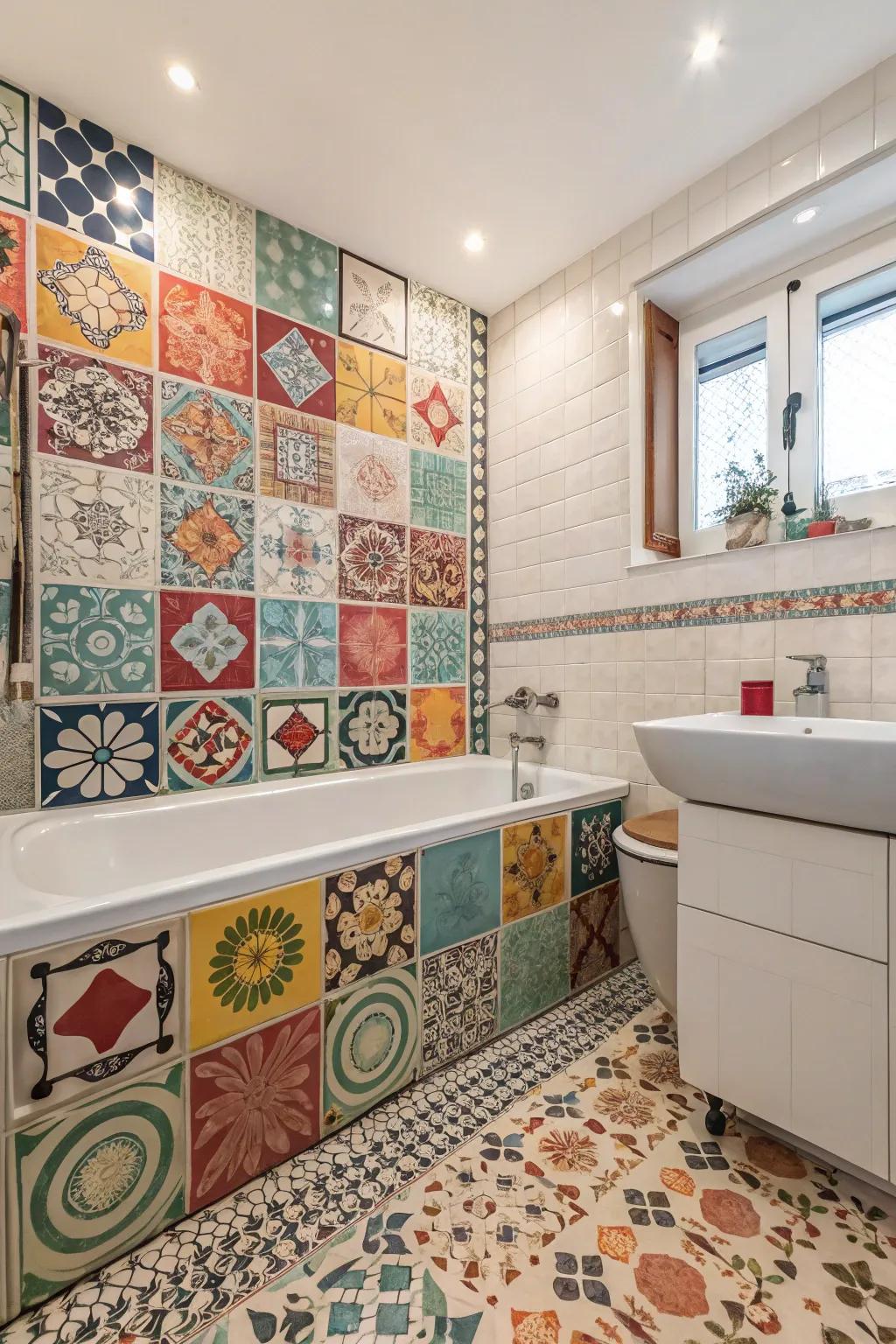 A bathroom with an eclectic mix of mismatched tiles for added character.