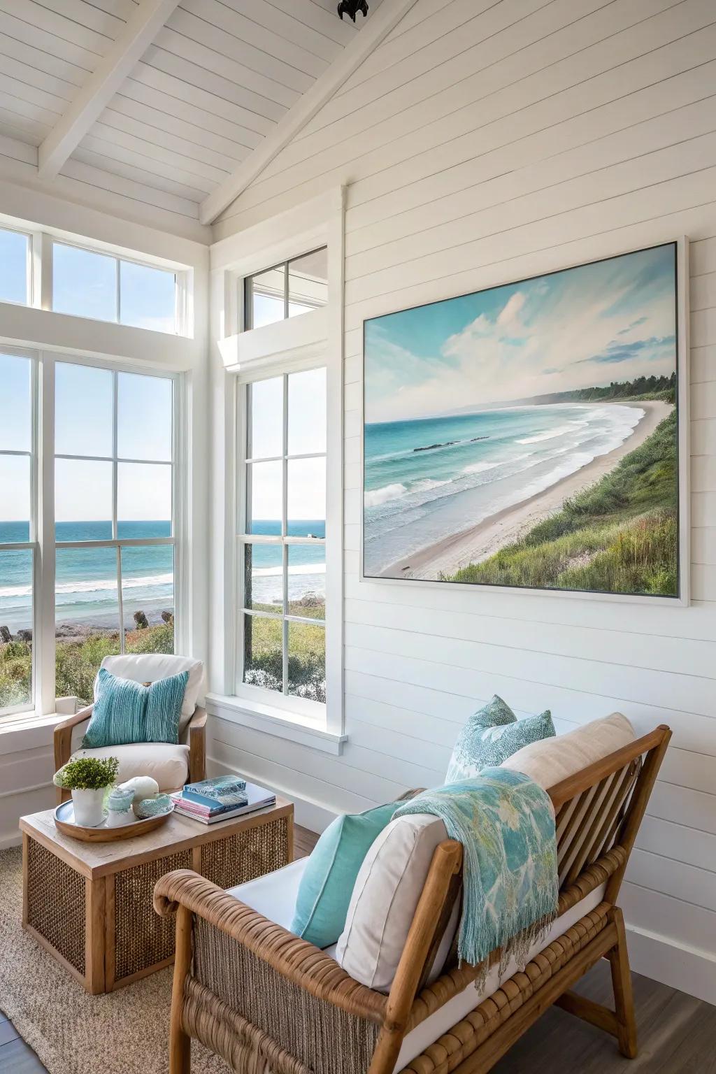 Coastal artwork creates a serene focal point in this beach house.