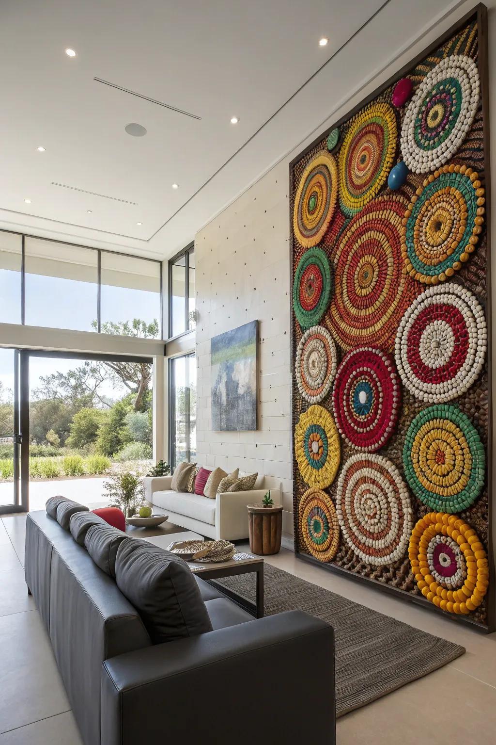 Colorful bead wall art bringing life to a modern living room.