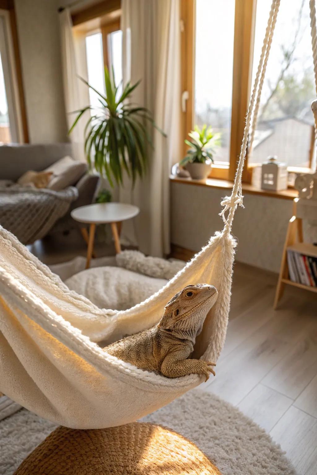 A fleece hanging hammock for a cozy and elevated sleep.