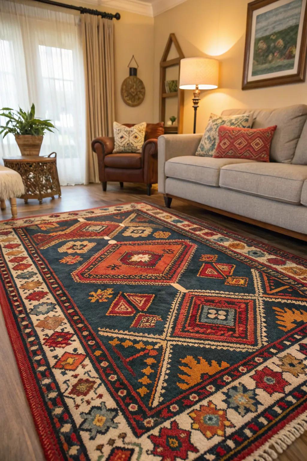 A statement rug serves as the focal point in this stylish living room.