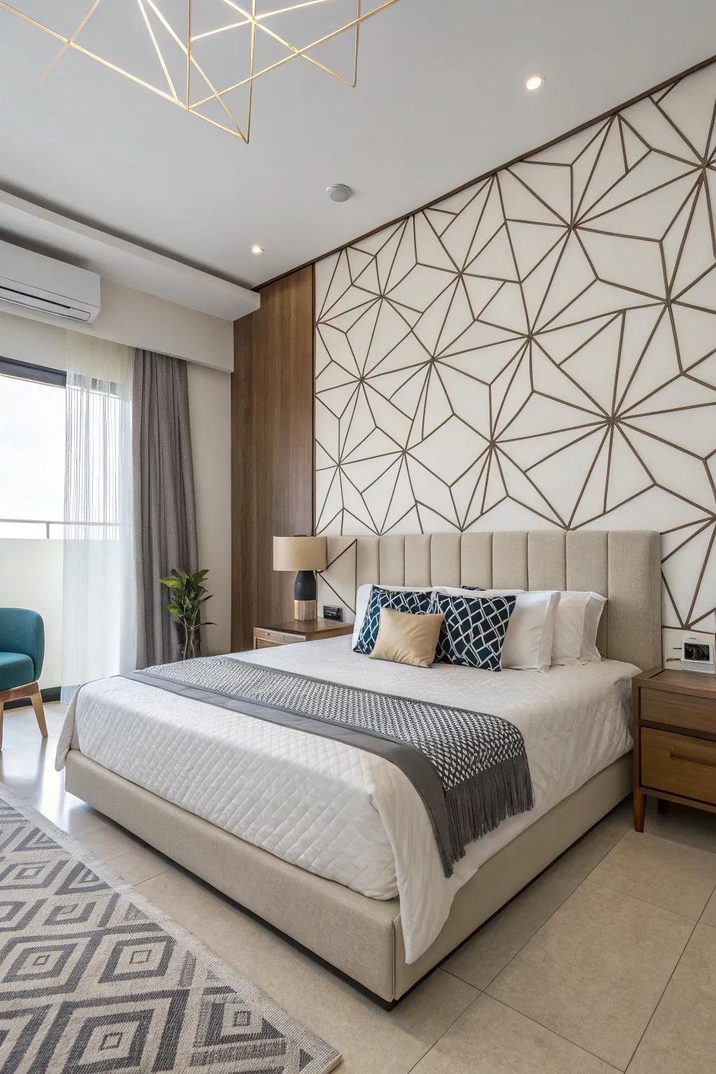 A modern bedroom with a geometric patterned backdrop.