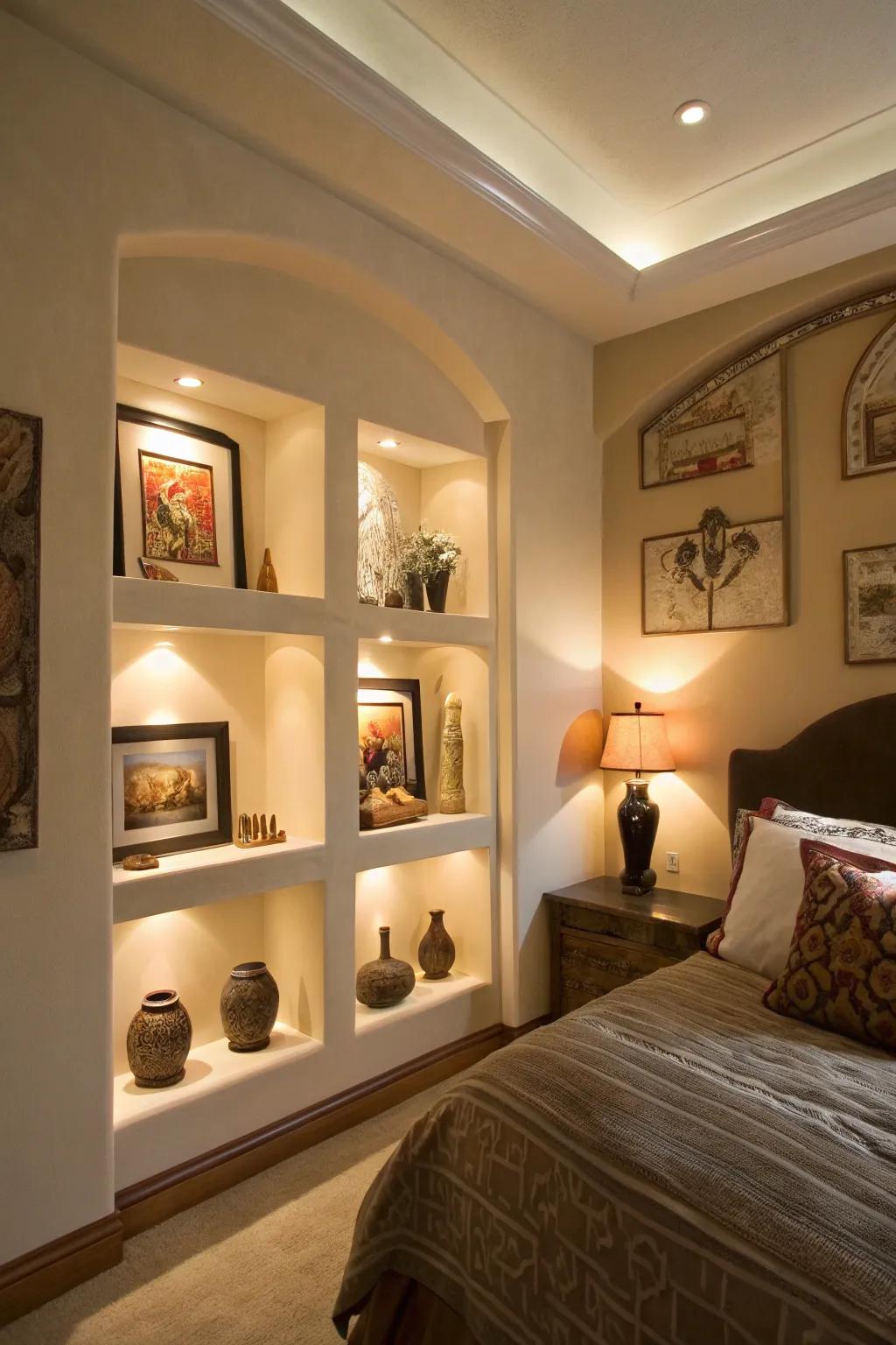 Recessed niches offer elegant storage for art and treasures, enhancing room depth.