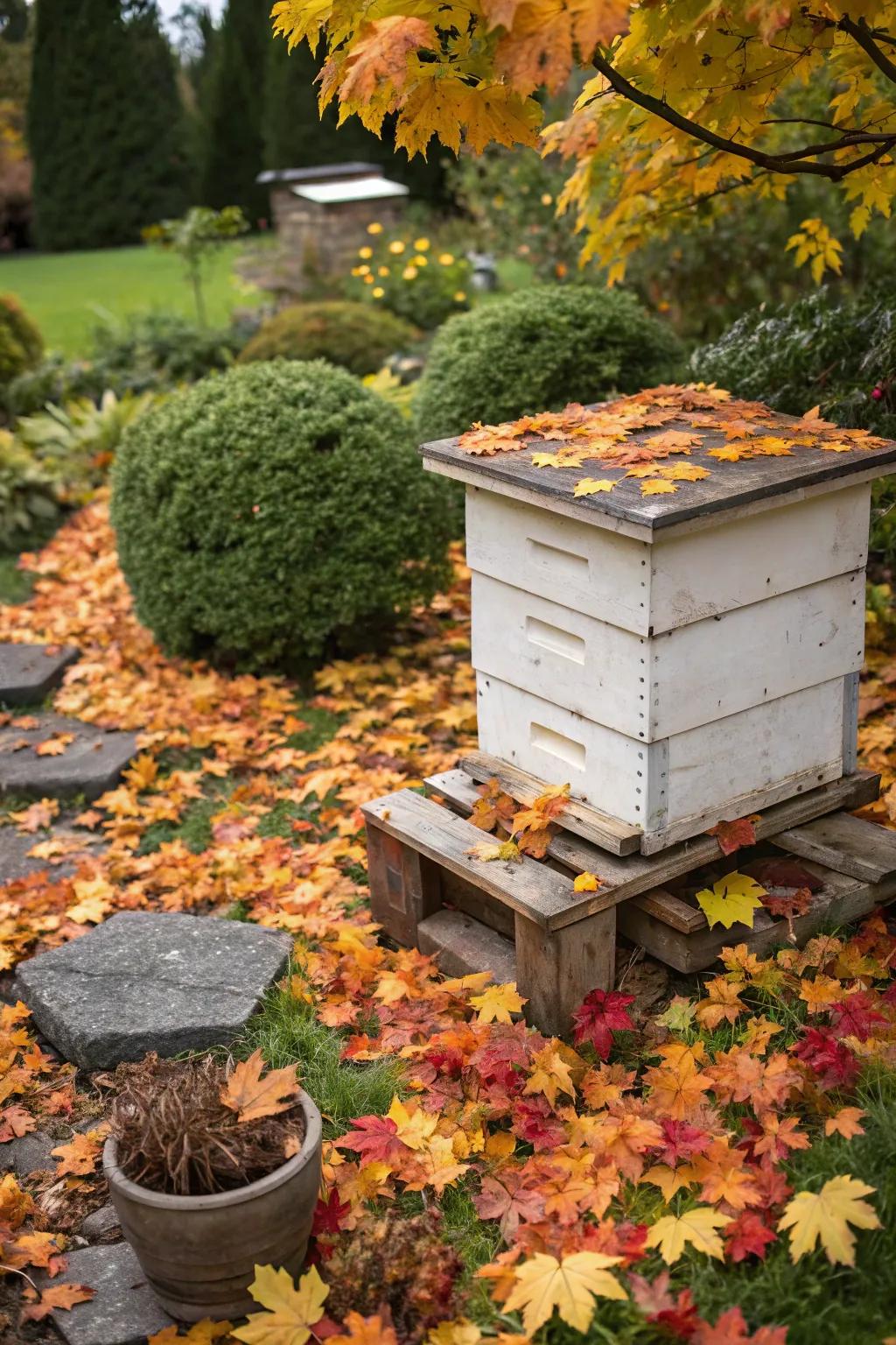 A seasonal bee hive decorated with autumn leaves, capturing the essence of fall.