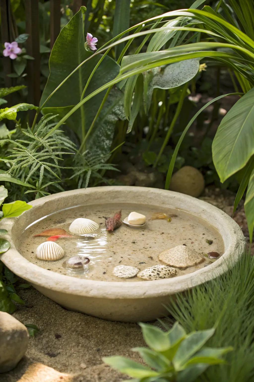 A coastal-inspired bee watering station using shells and sand.