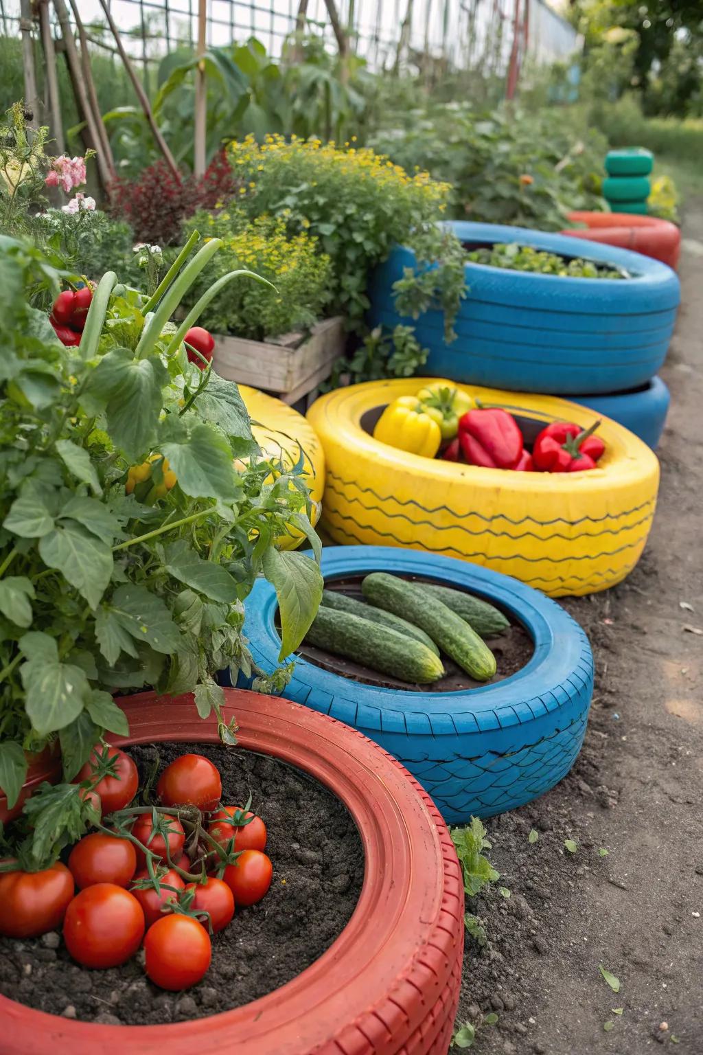 Tire planters offer a fun and eco-friendly gardening option.