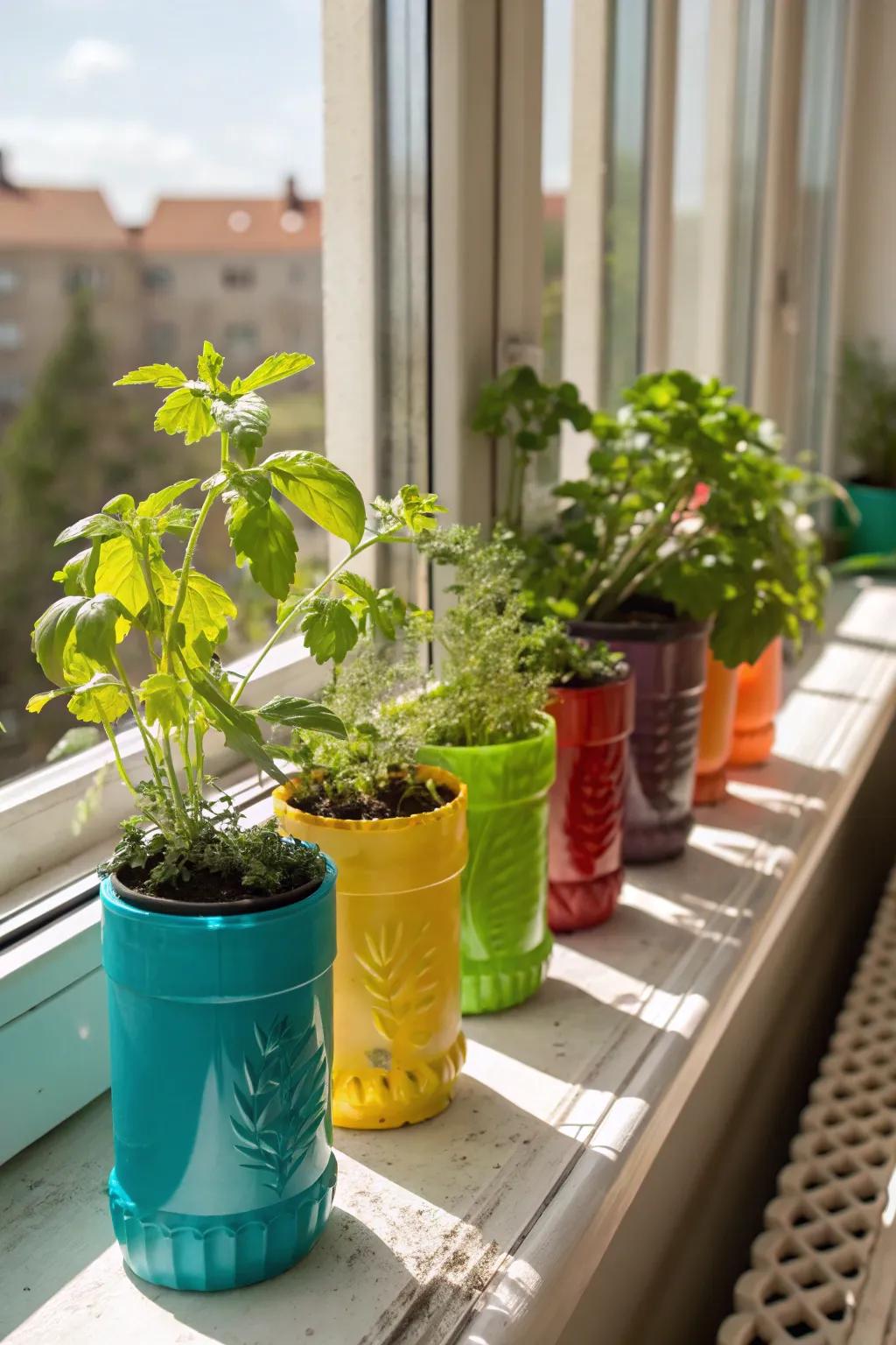 Herb planters made from recycled plastic bottles.