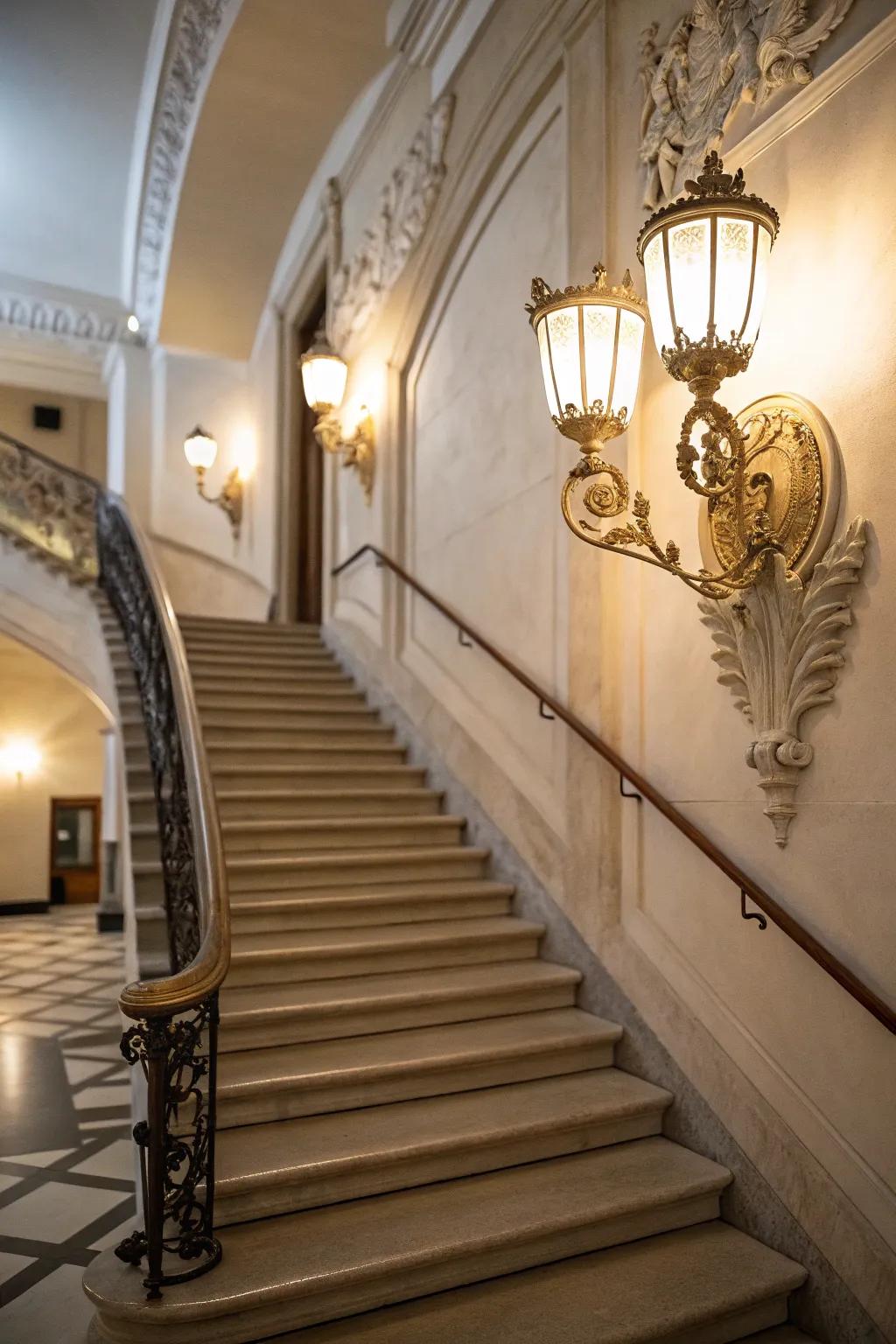 Sculptural sconces transform a staircase into an artistic feature.