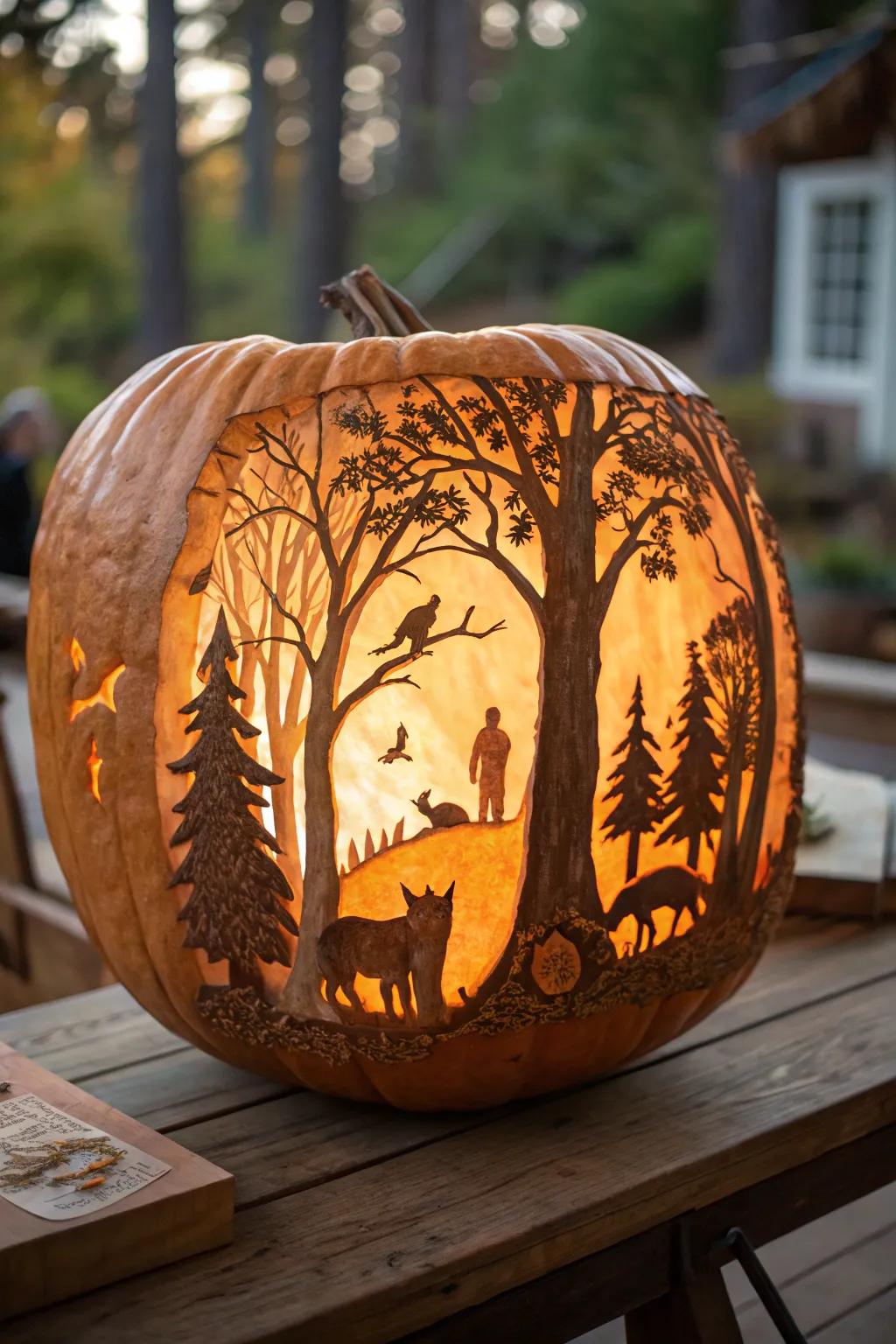 An enchanting forest scene pumpkin, perfect for nature lovers.