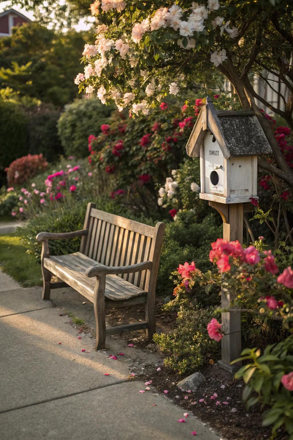 Create a serene garden spot with a bench and birdhouse combo.