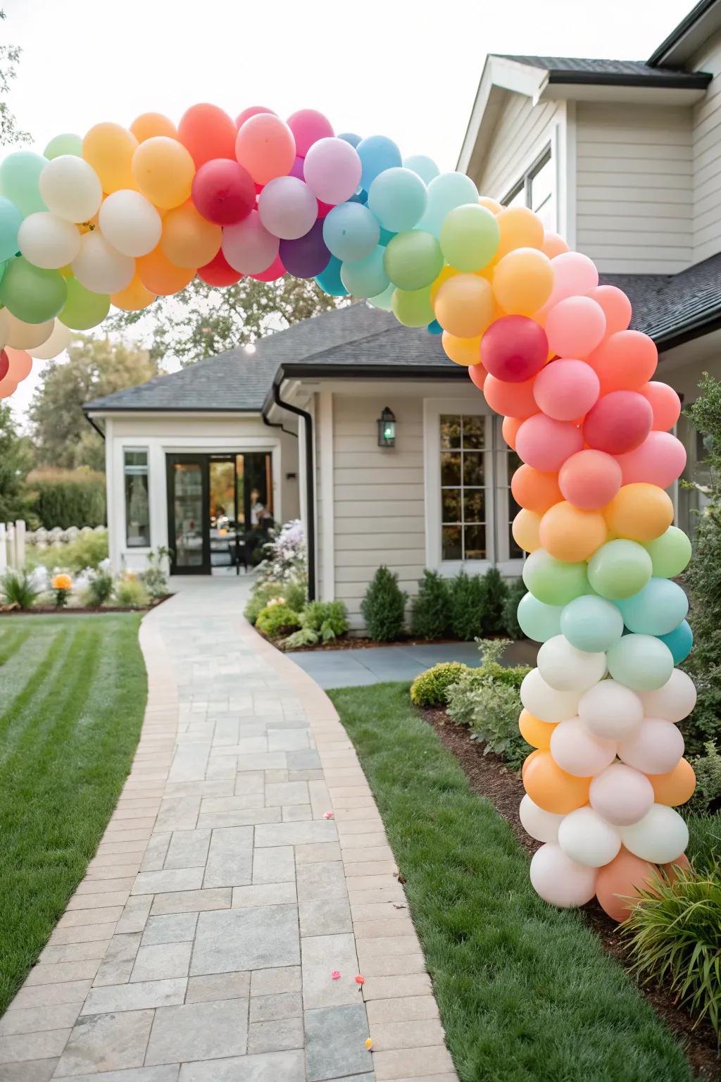 An inviting balloon archway that warmly welcomes guests to a birthday celebration.