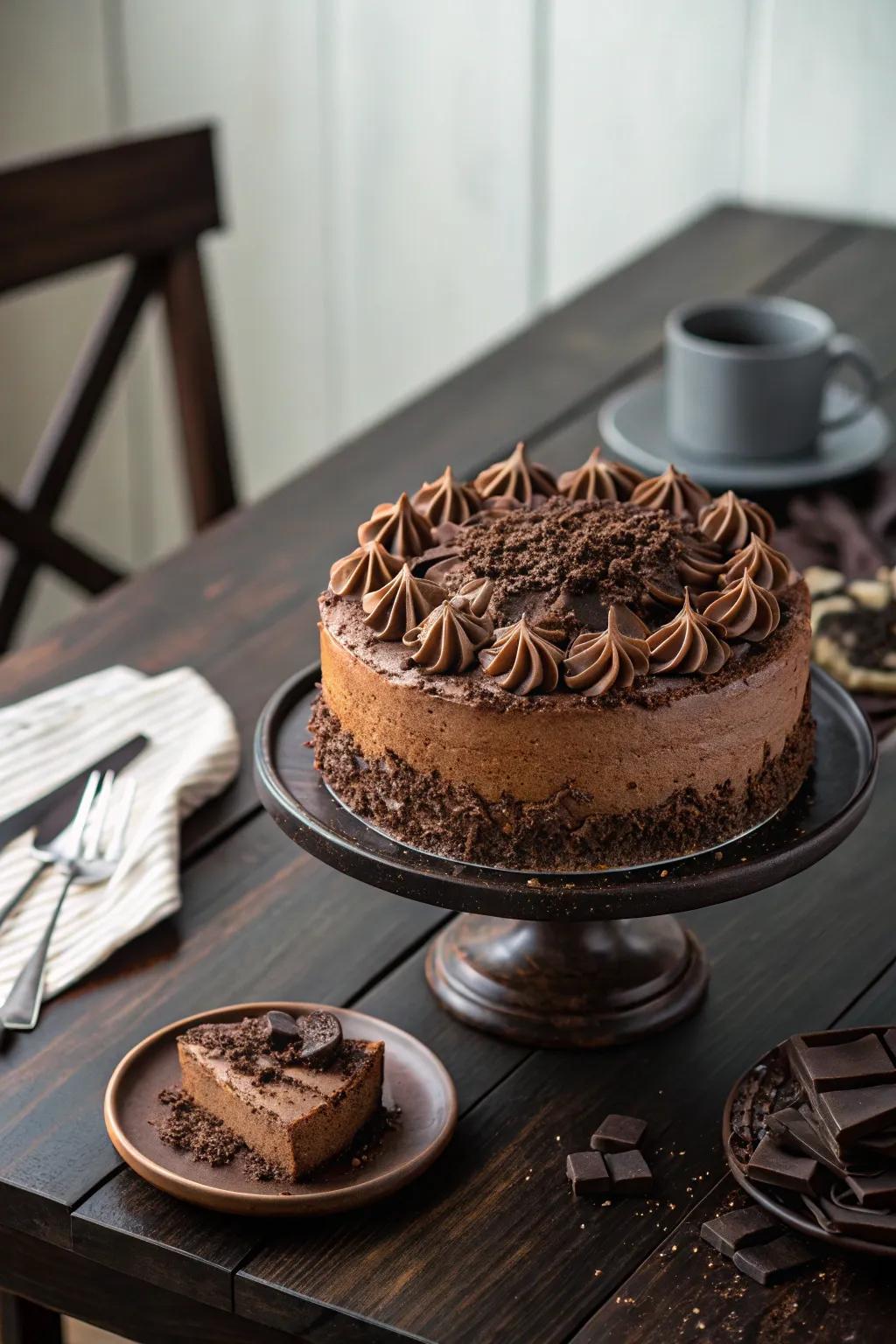 A cake adorned with luscious chocolate curls, perfect for chocolate aficionados.