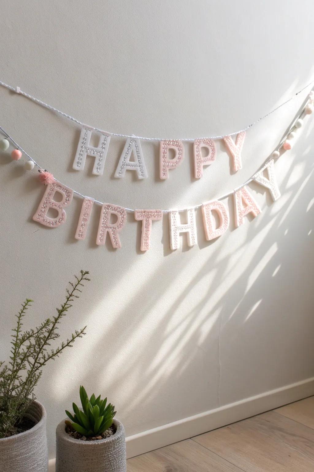Celebrate with style: A handcrafted perler bead banner brings minimalist elegance to any birthday bash.