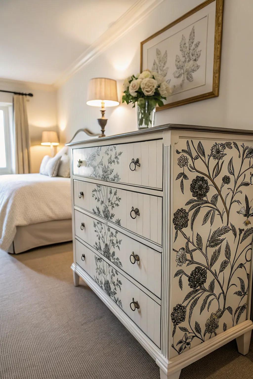 Floral transfers on a dresser add a romantic touch to a serene bedroom.