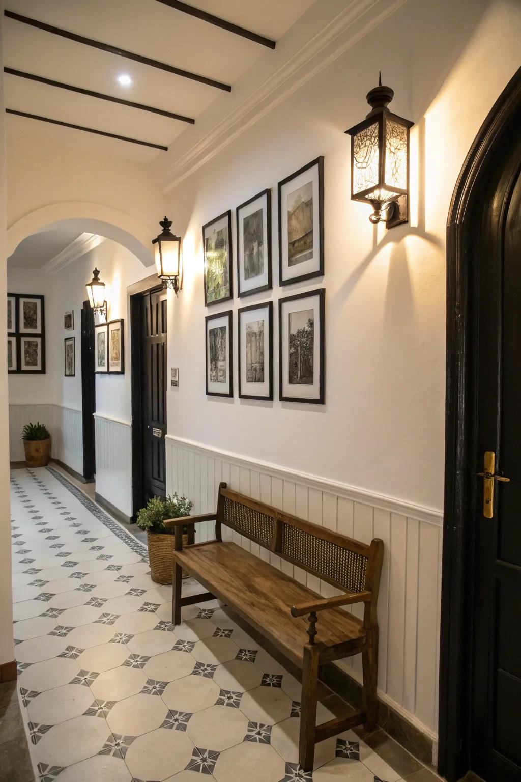 Wooden accents add warmth to this black and white hallway.