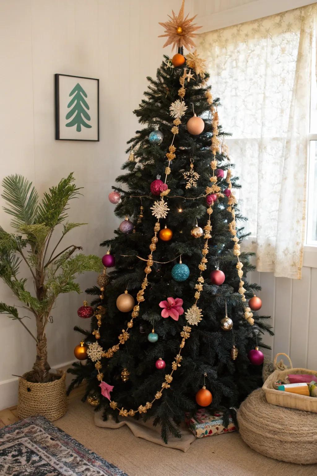 A boho-inspired black Christmas tree with artistic and natural elements.