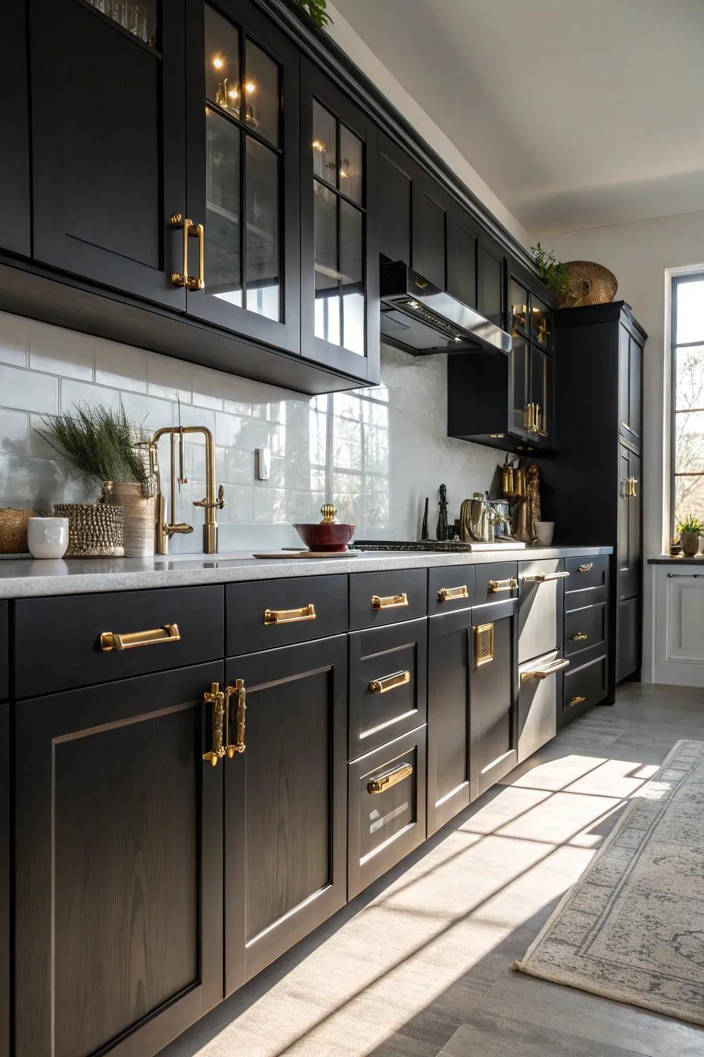 A stylish kitchen featuring mixed metal finishes with black cabinetry.