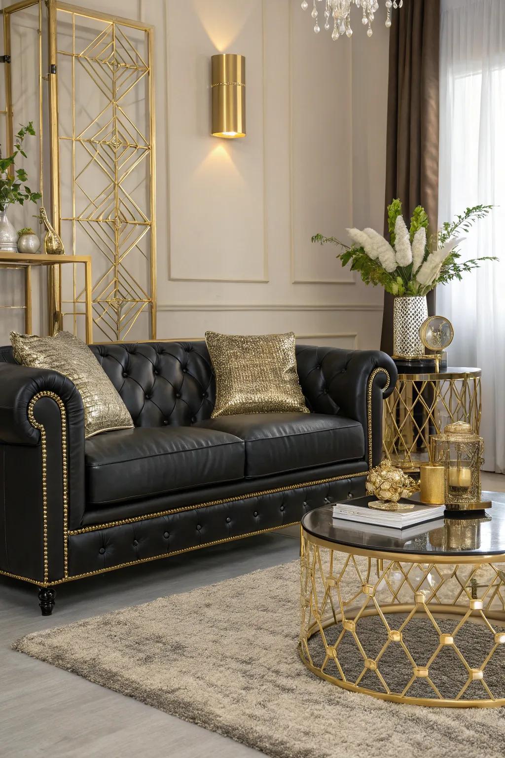 Metallic accents enhance the luxurious feel of the black leather sofa.