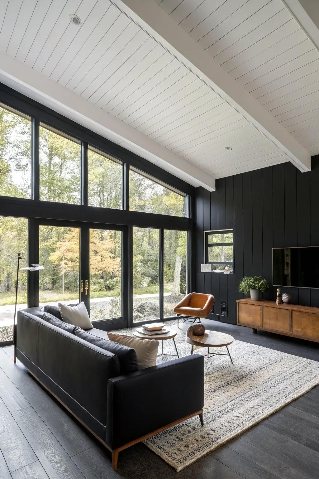 A midcentury modern living room with a contemporary black twist.