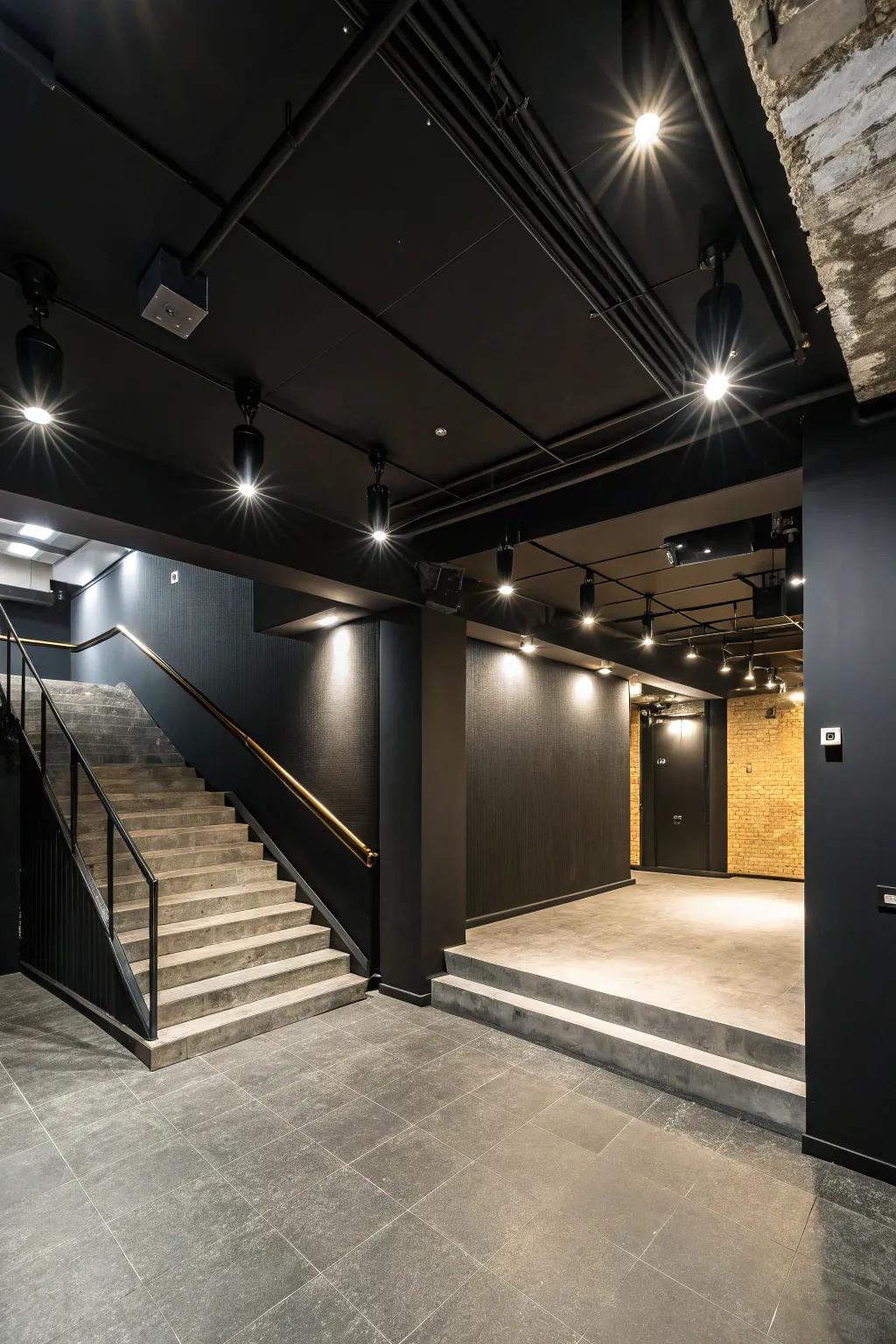 Modern lighting that enhances a black-walled basement.